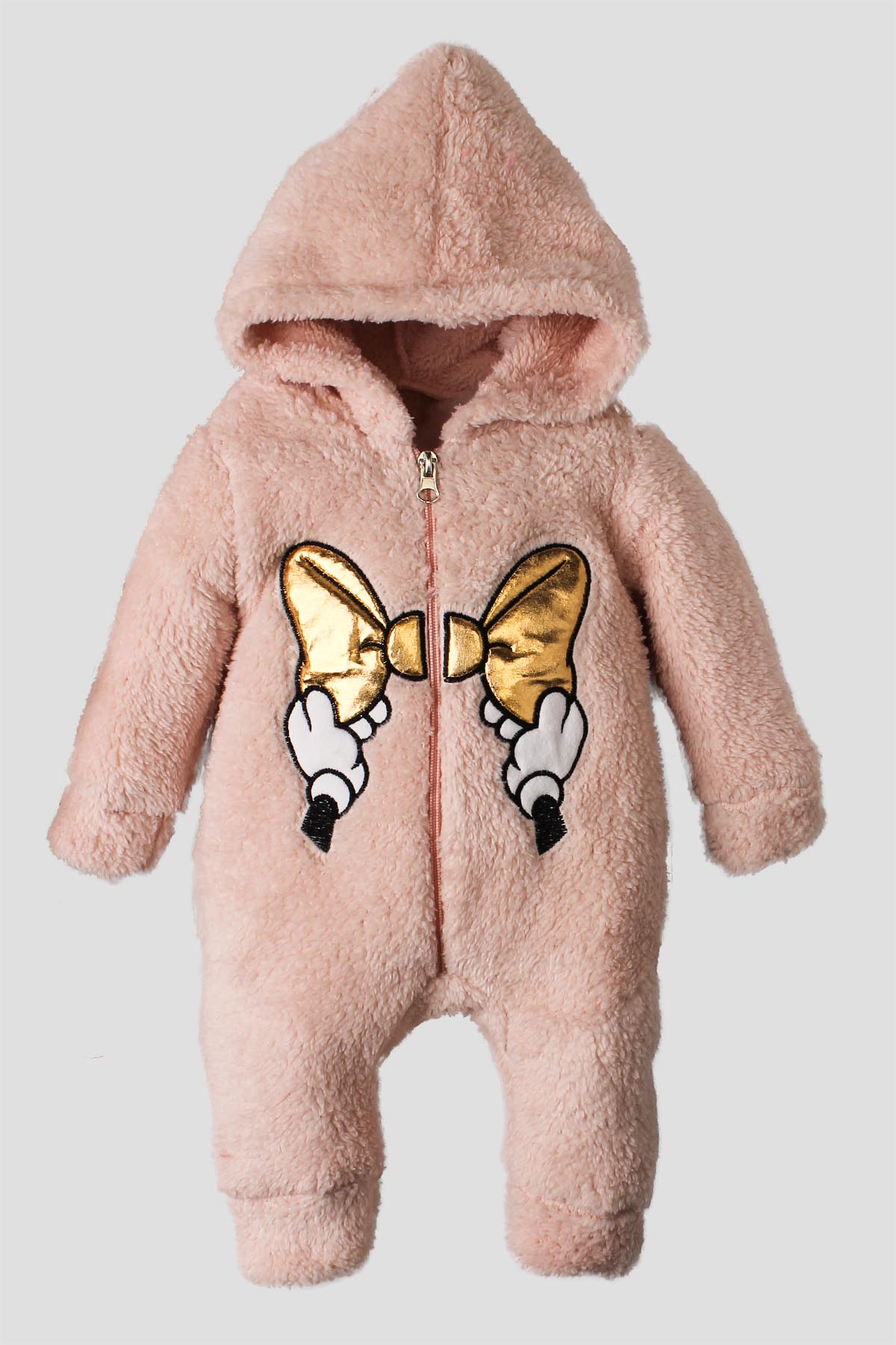 Kız Bebek Altın Fiyonklu Peluş Fermuarlı Tulum Kapüşonlu 0 12 Ay